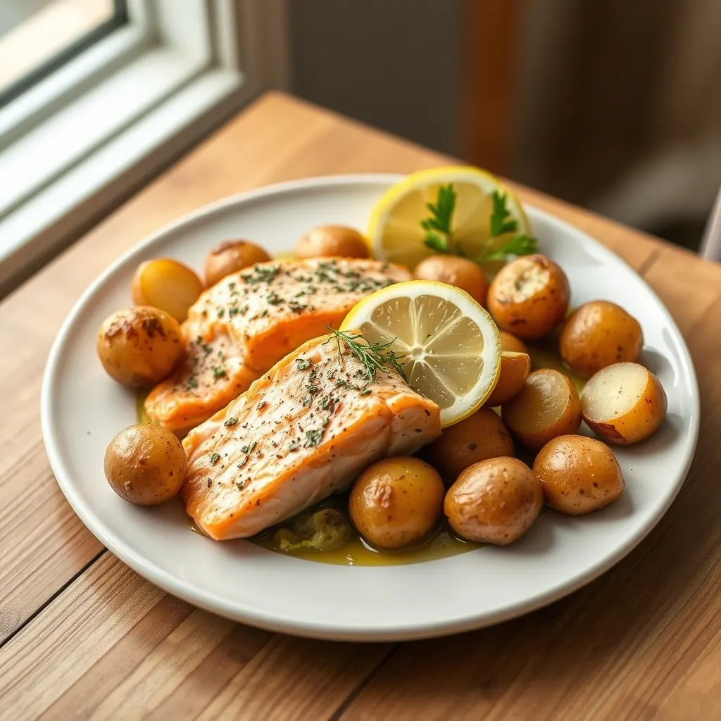 AI-generated illustration of Baked Lemon Herb Salmon with Potatoes