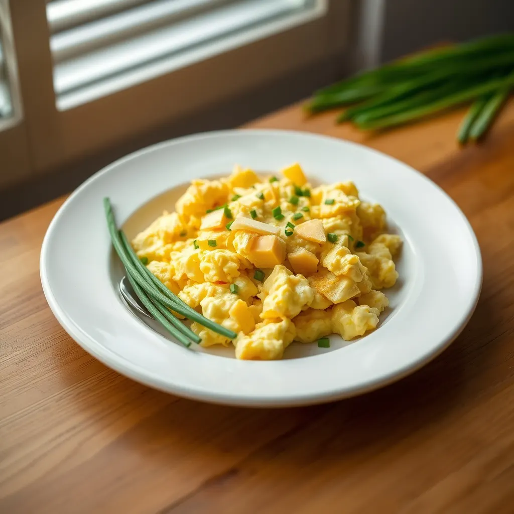AI-generated illustration of Soft Scrambled Eggs with Cheddar and Chives