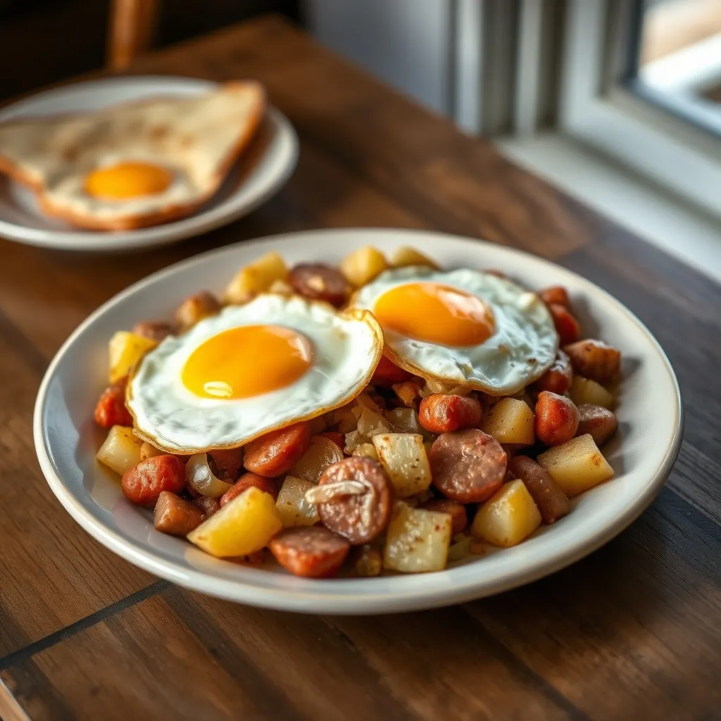 AI-generated illustration of Sausage and Potato Hash with Fried Eggs