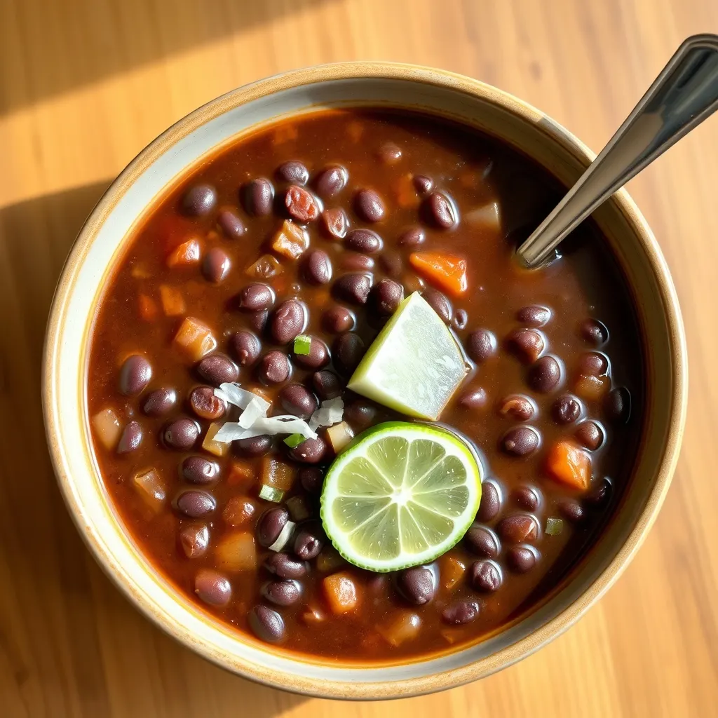 AI-generated illustration of Black Bean Soup with Lime