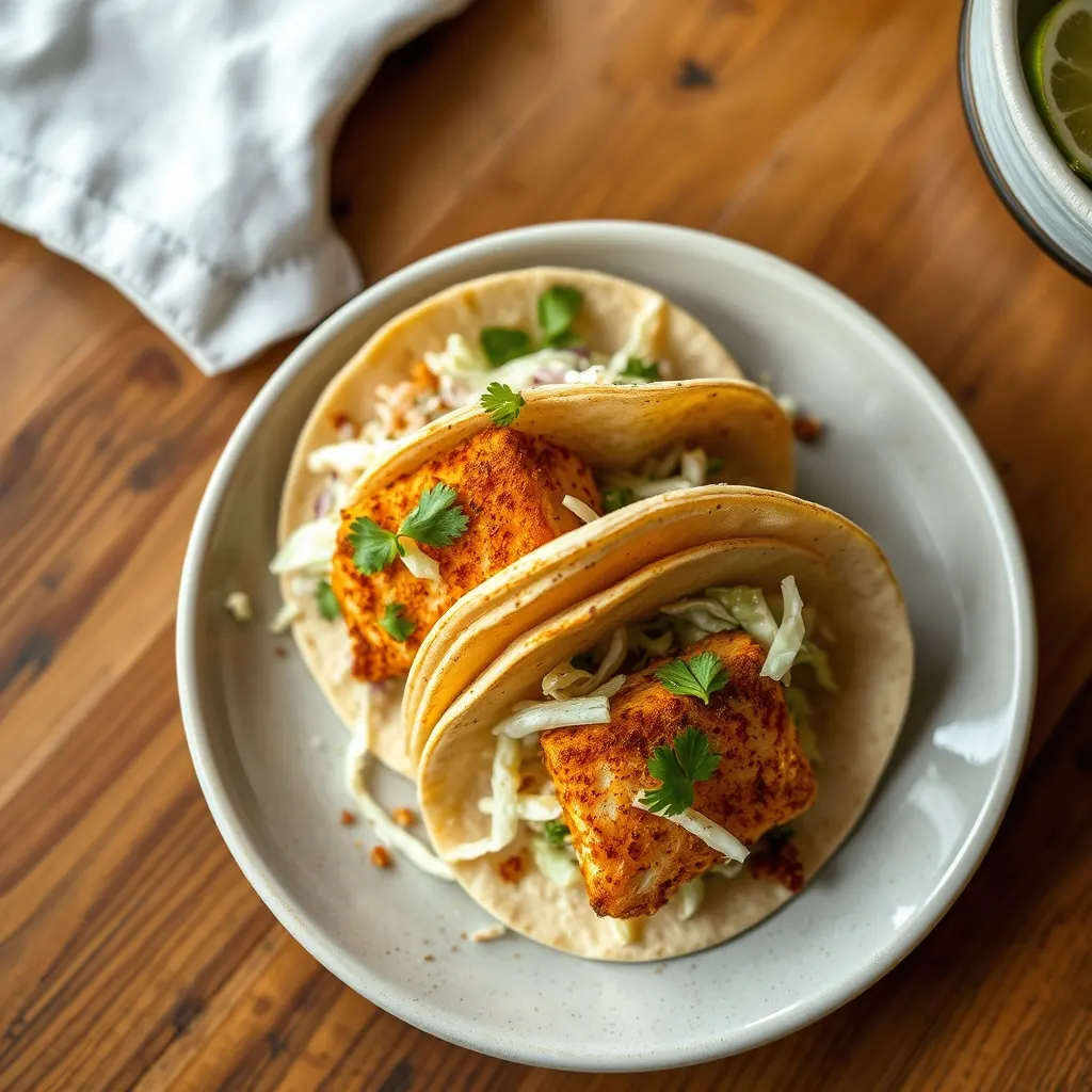 AI-generated illustration of Blackened Cod Tacos with Cabbage Slaw
