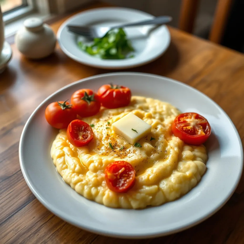 AI-generated illustration of Cheese Grits with Blistered Tomatoes