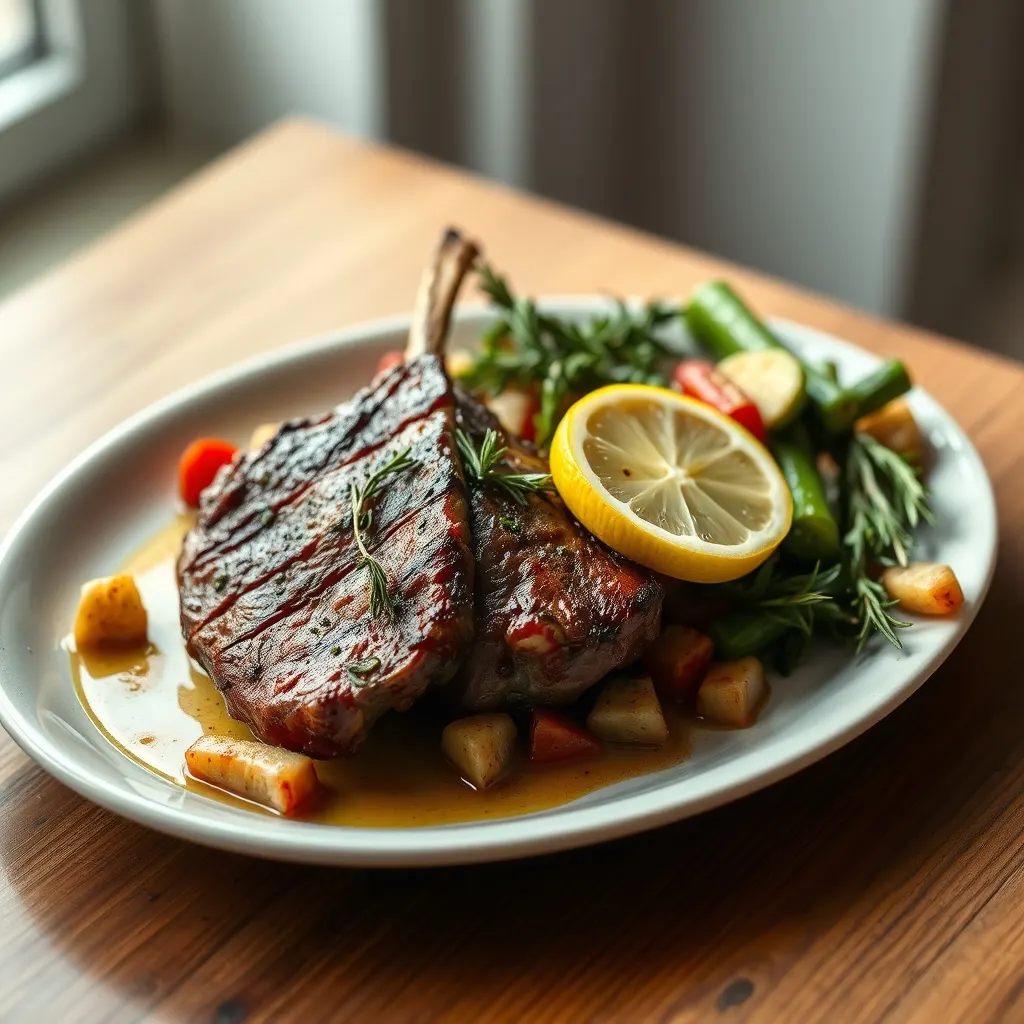 AI-generated illustration of Herb-Grilled Leg of Lamb with Summer Vegetables