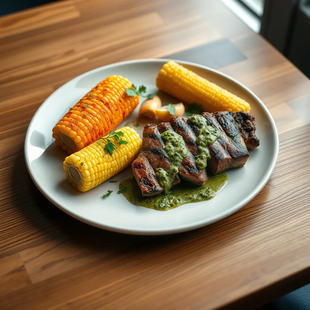 AI-generated illustration of Grilled Skirt Steak with Chimichurri and Corn