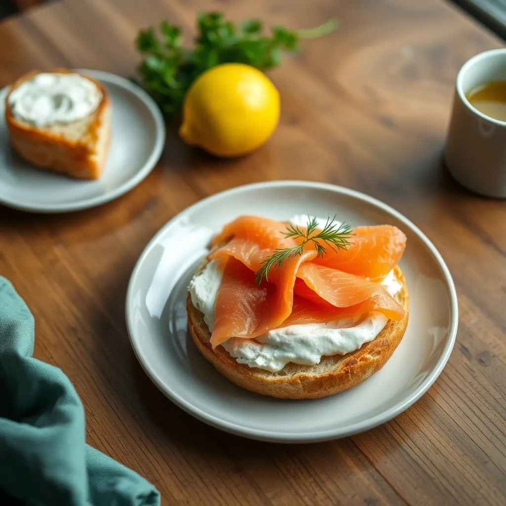 AI-generated illustration of Smoked Salmon and Cream Cheese Bagel