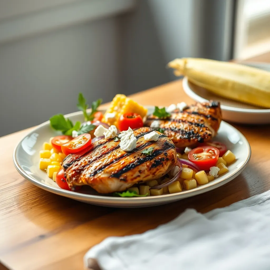 AI-generated illustration of Grilled Chicken Thighs with Corn and Tomato Salad