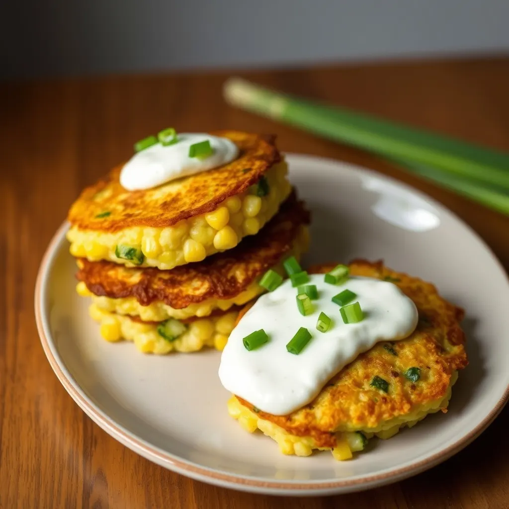 AI-generated illustration of Corn and Zucchini Fritters with Herbed Yoghurt