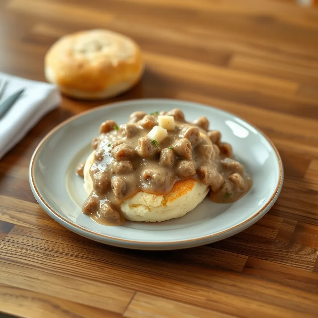 AI-generated illustration of Sausage Gravy over Buttermilk Biscuits