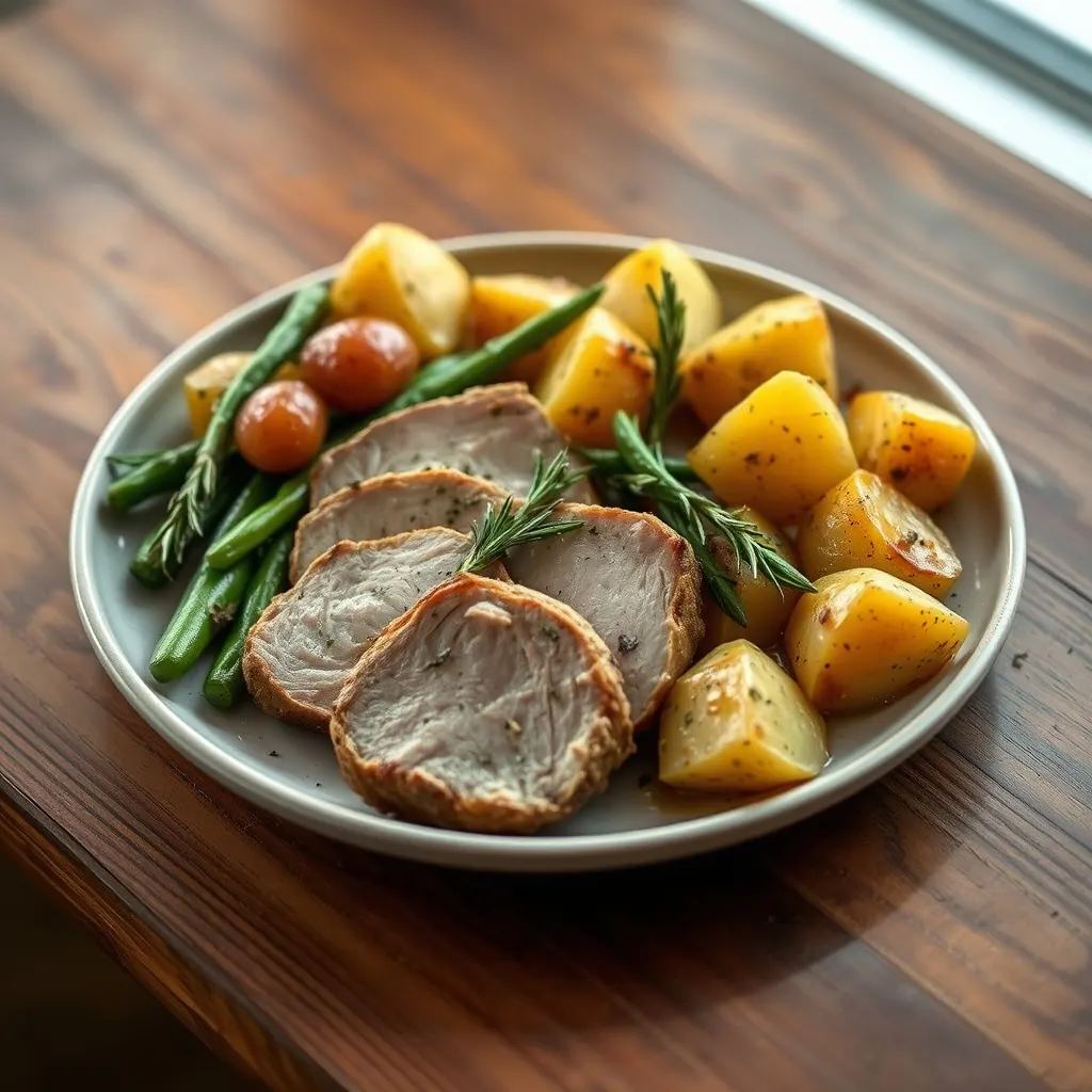 AI-generated illustration of Herb-Roasted Pork Loin with Potatoes and Green Beans
