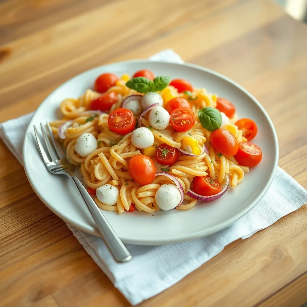 AI-generated illustration of Corn, Tomato and Basil Pasta Salad