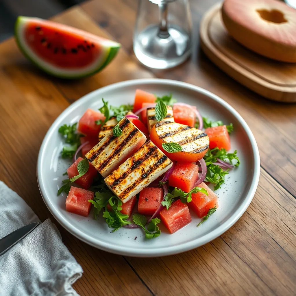 AI-generated illustration of Grilled Halloumi and Watermelon Salad