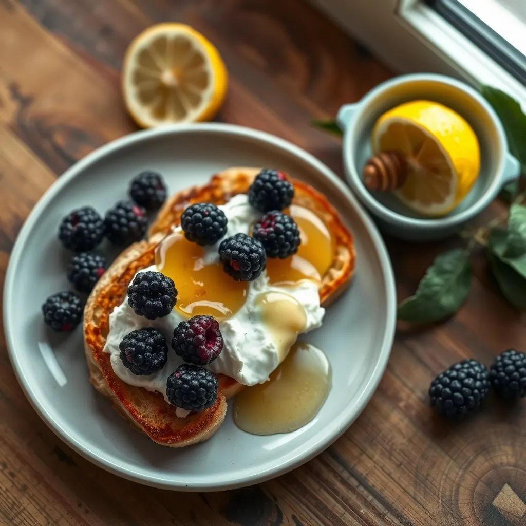 AI-generated illustration of Blackberry Ricotta Toast with Honey