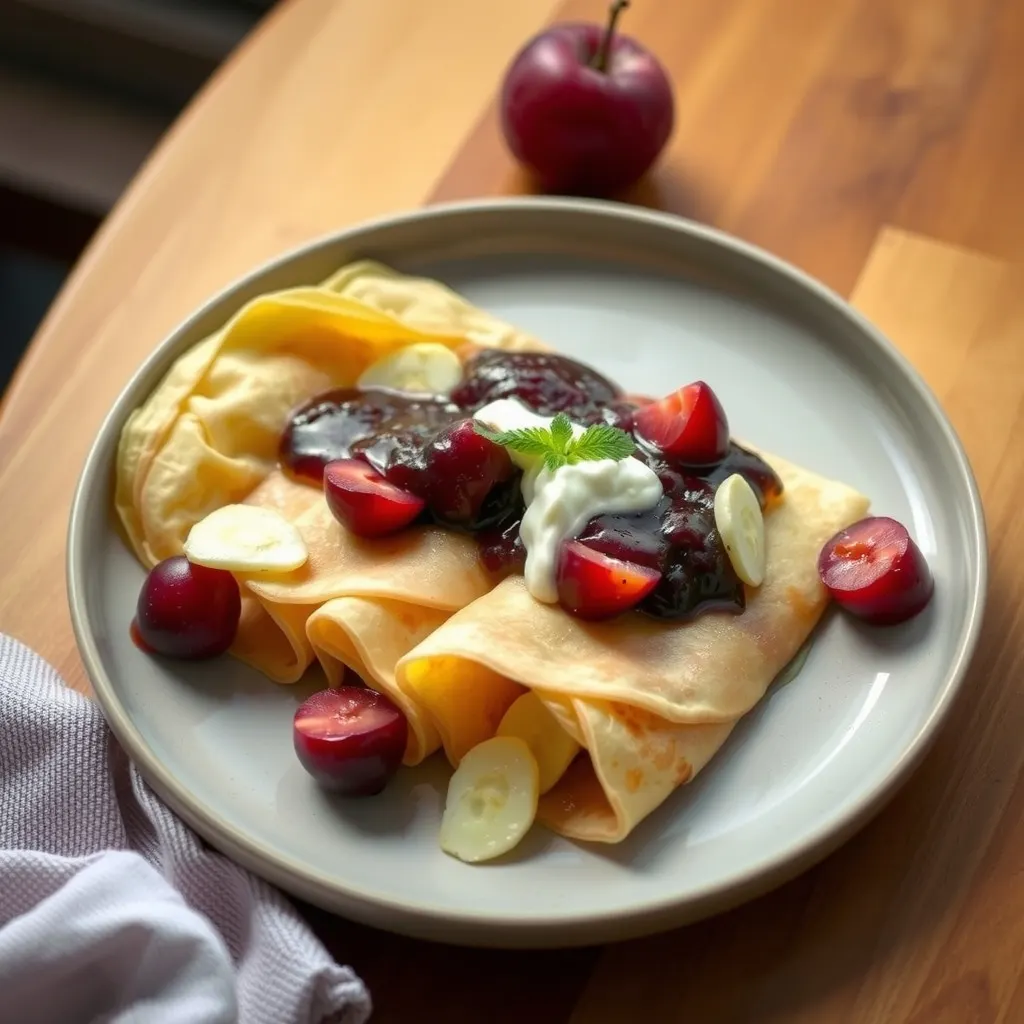 AI-generated illustration of Crepes with Plum Compote and Ricotta
