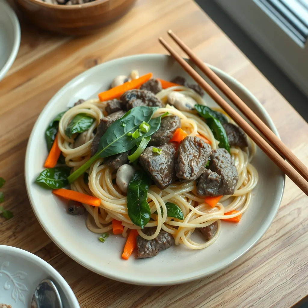 AI-generated illustration of Japchae with Beef and Vegetables