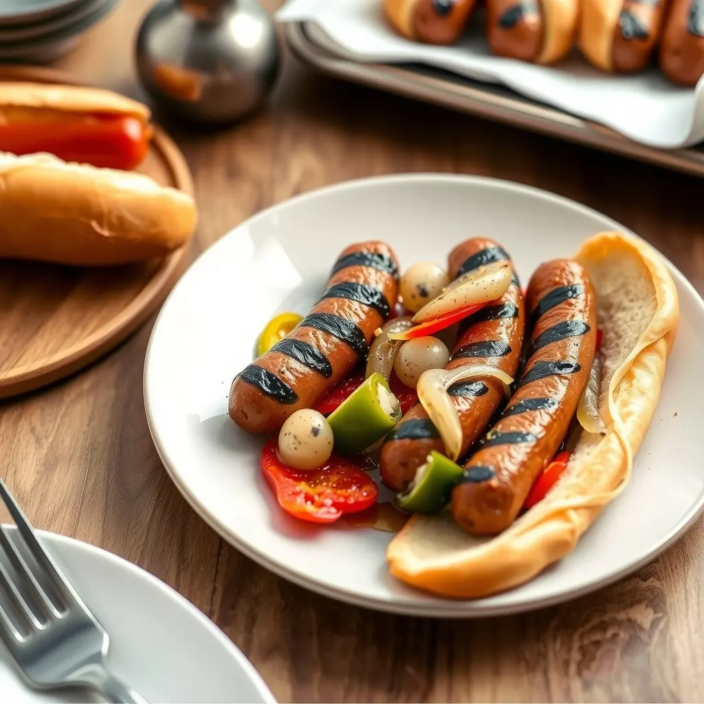 AI-generated illustration of Grilled Bratwurst with Peppers and Onions