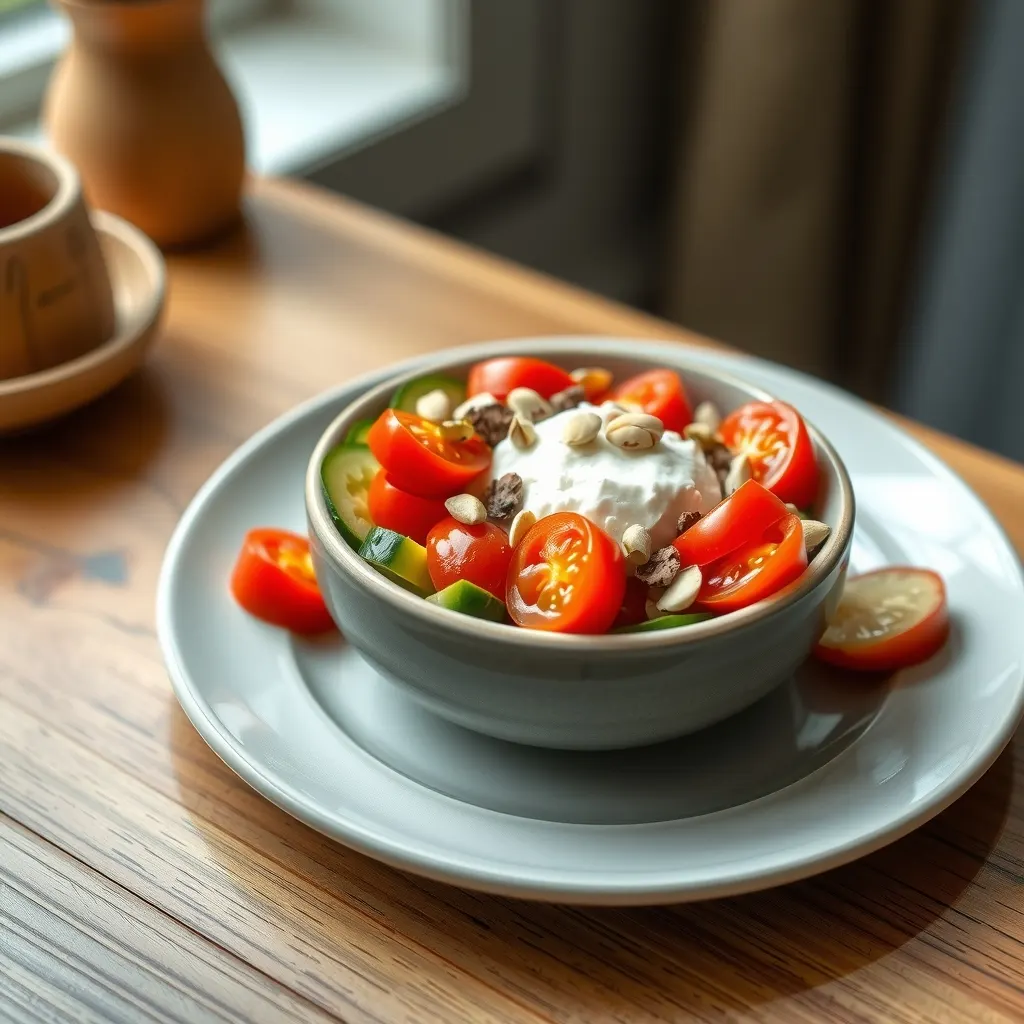 AI-generated illustration of Savoury Cottage Cheese Bowl with Tomato and Cucumber