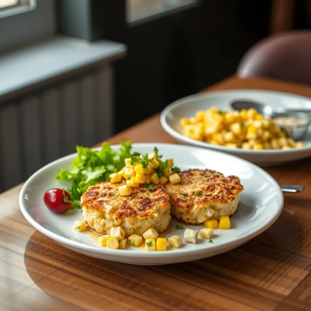 AI-generated illustration of Crab Cakes with Sweetcorn Salad