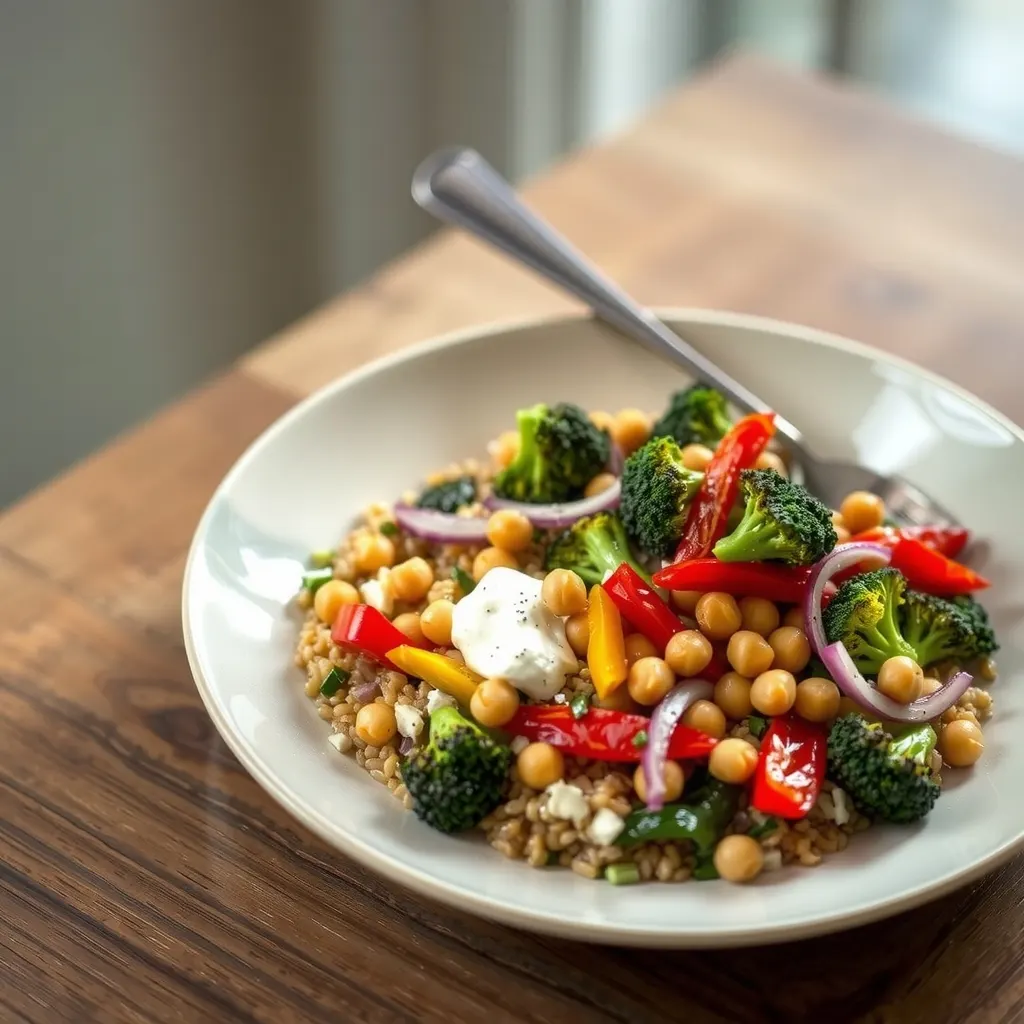 AI-generated illustration of Roasted Vegetable and Farro Bowl with Tahini
