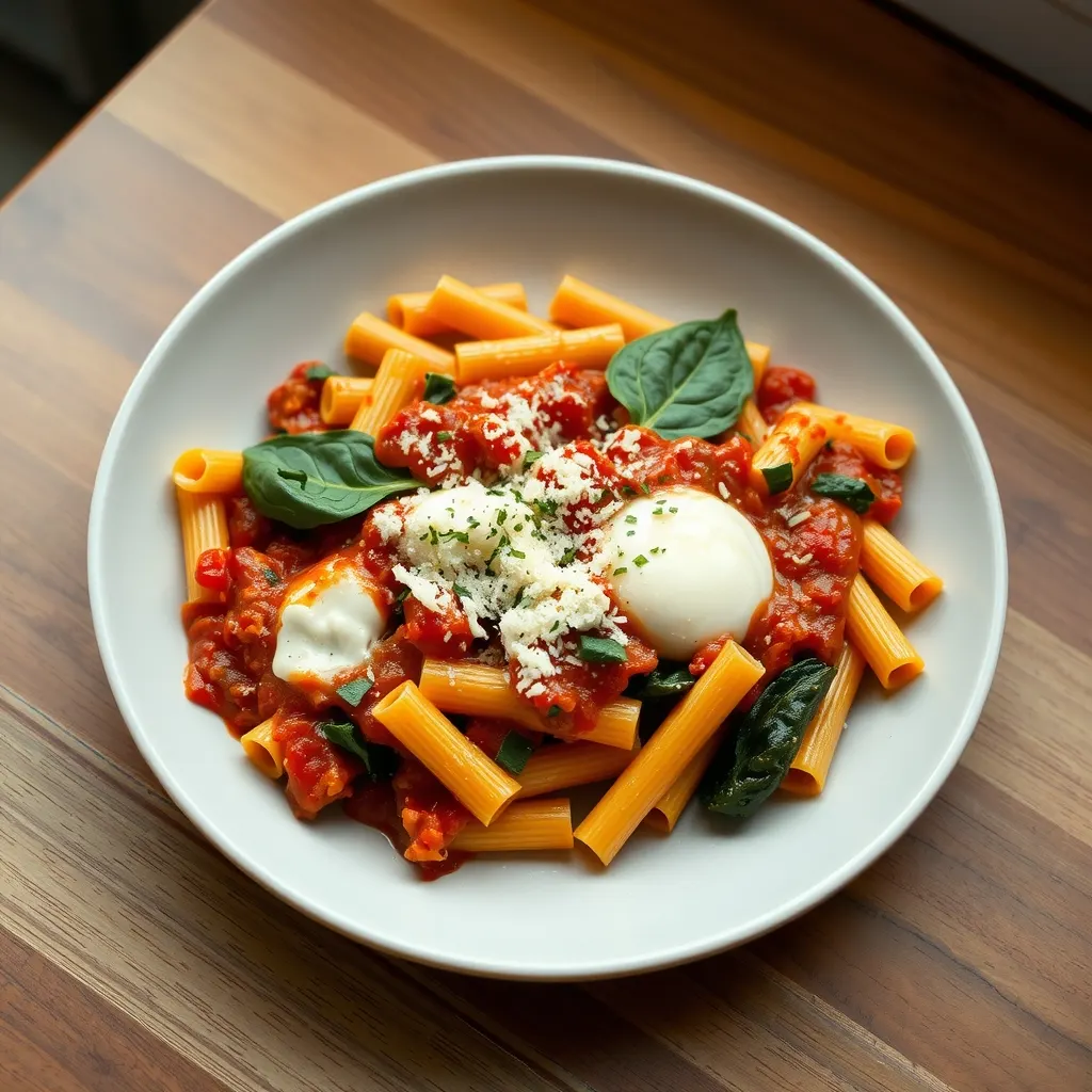 AI-generated illustration of Baked Ziti with Ricotta and Spinach