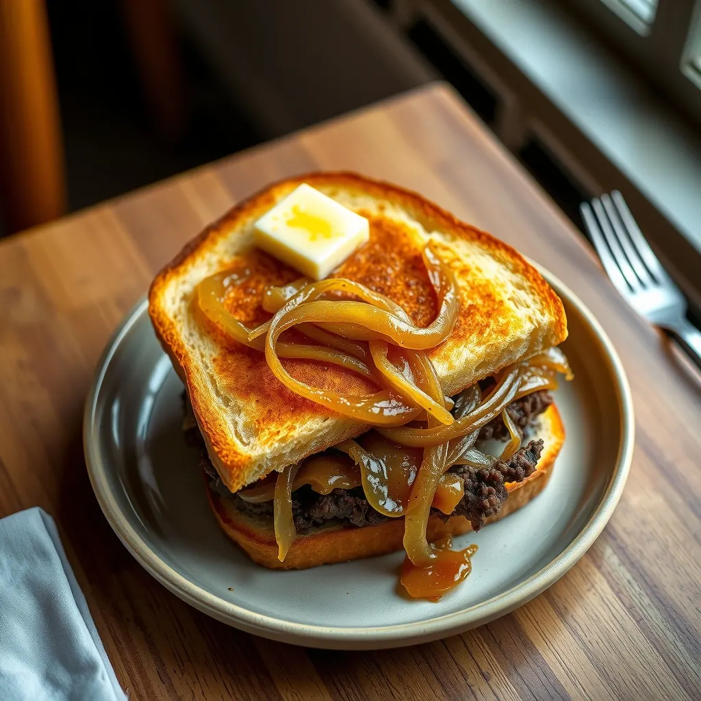 AI-generated illustration of Patty Melt with Caramelised Onions