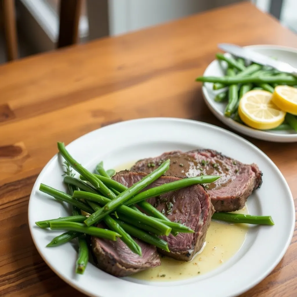 AI-generated illustration of Garlic-Herb Roast Sirloin with Green Beans