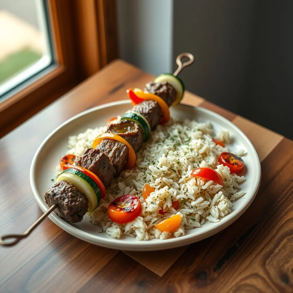 AI-generated illustration of Beef and Vegetable Kebabs with Herbed Rice