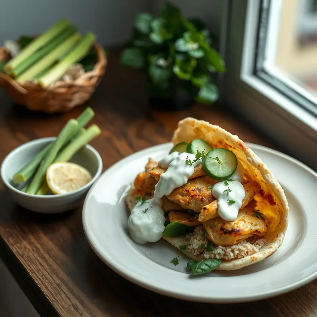 AI-generated illustration of Chicken Pita with Cucumber Yoghurt