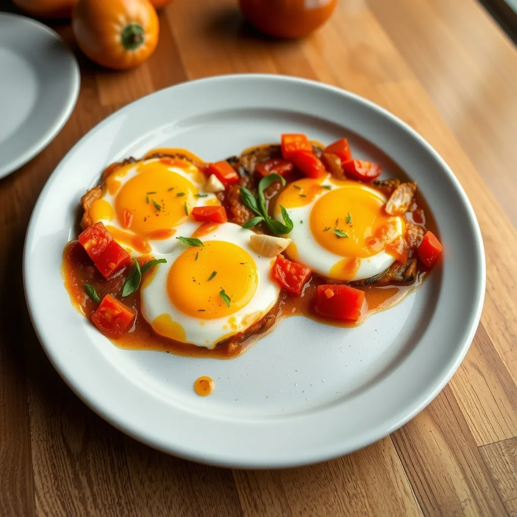 AI-generated illustration of Baked Eggs in Spiced Tomato and Pepper Sauce