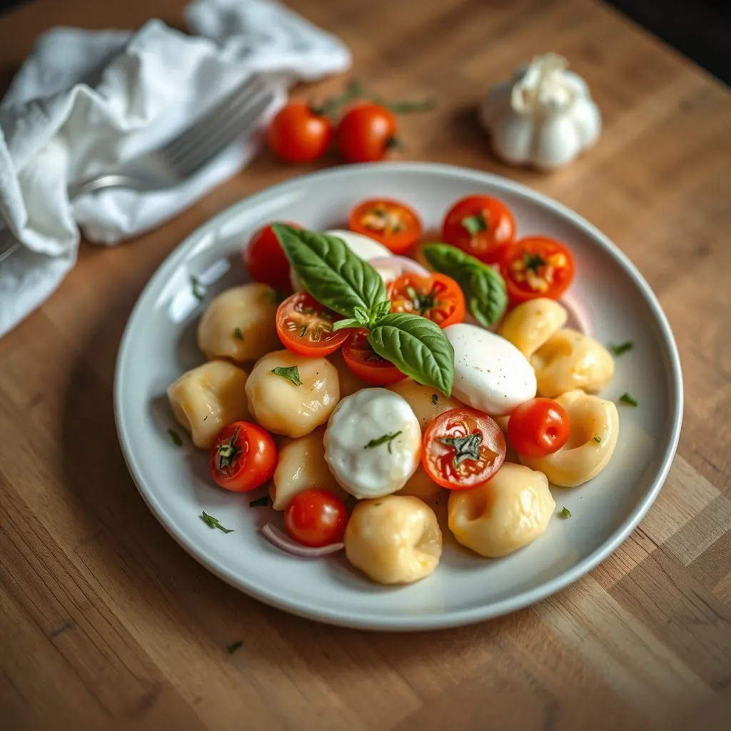 AI-generated illustration of Sheet-Pan Gnocchi with Tomatoes, Mozzarella and Basil