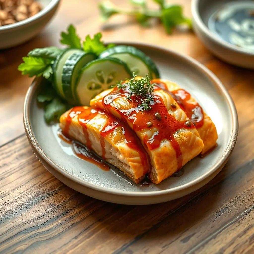 AI-generated illustration of Miso-Glazed Salmon with Cucumber Salad