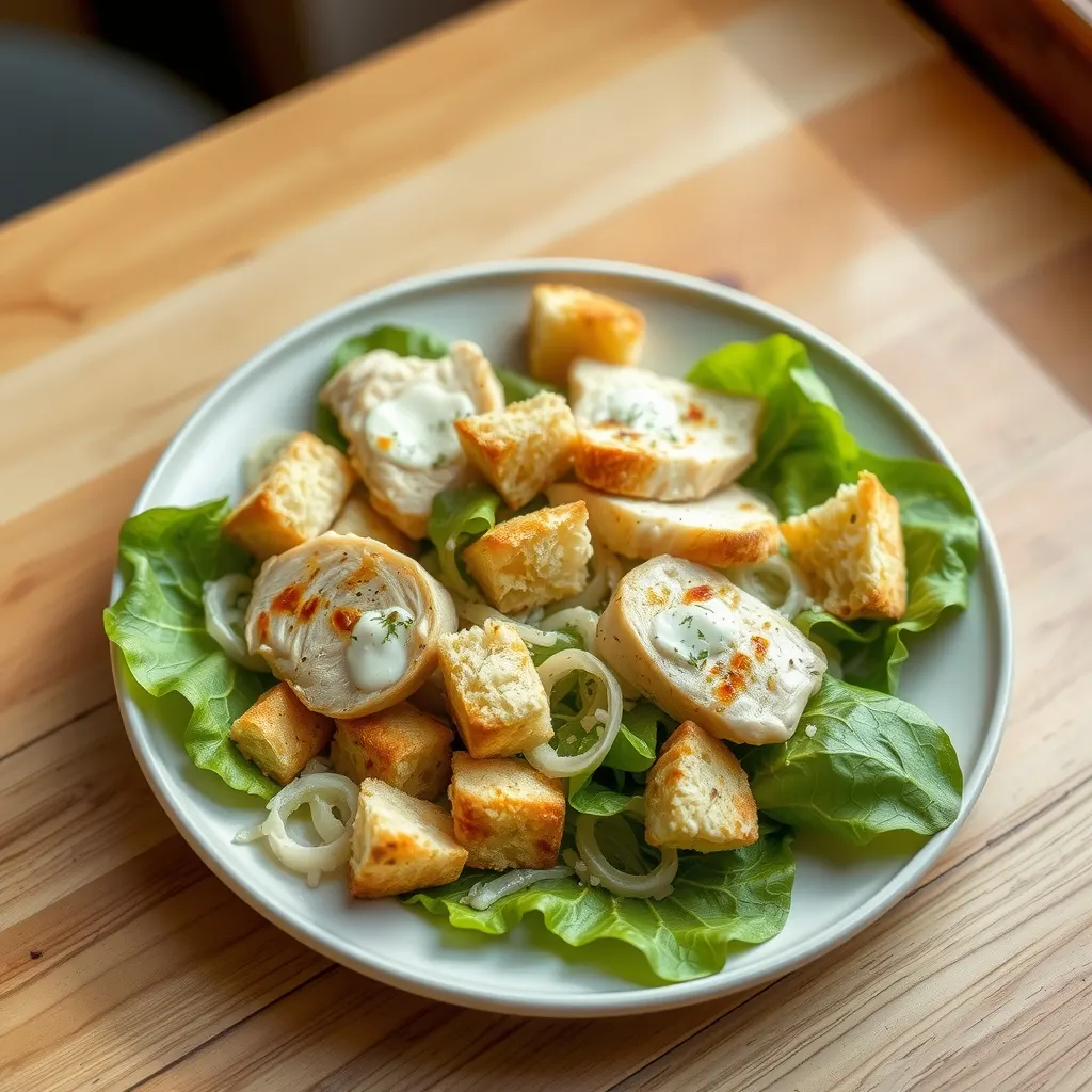 AI-generated illustration of Chicken Caesar Salad with Garlic Croutons