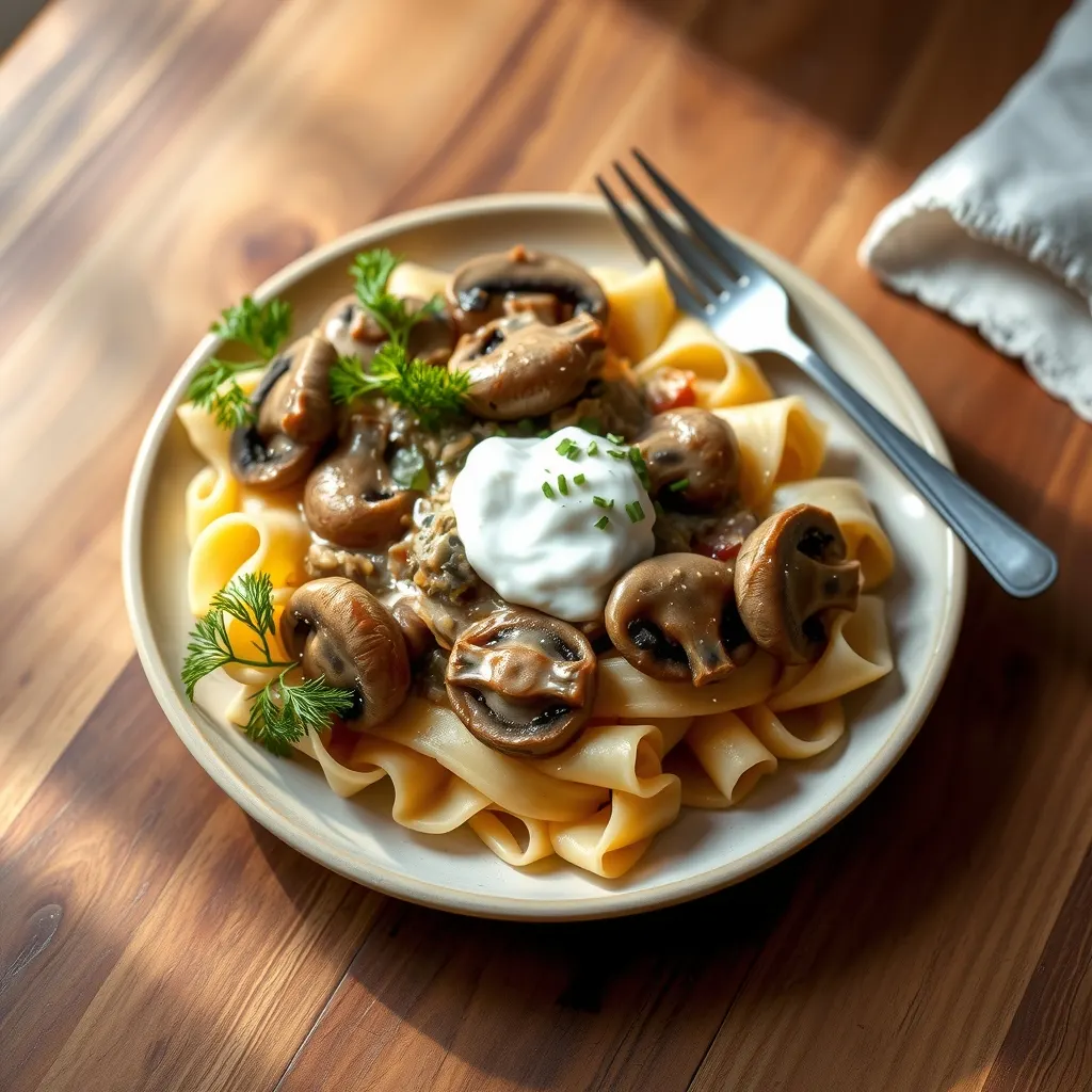 AI-generated illustration of Mushroom Stroganoff over Egg Noodles