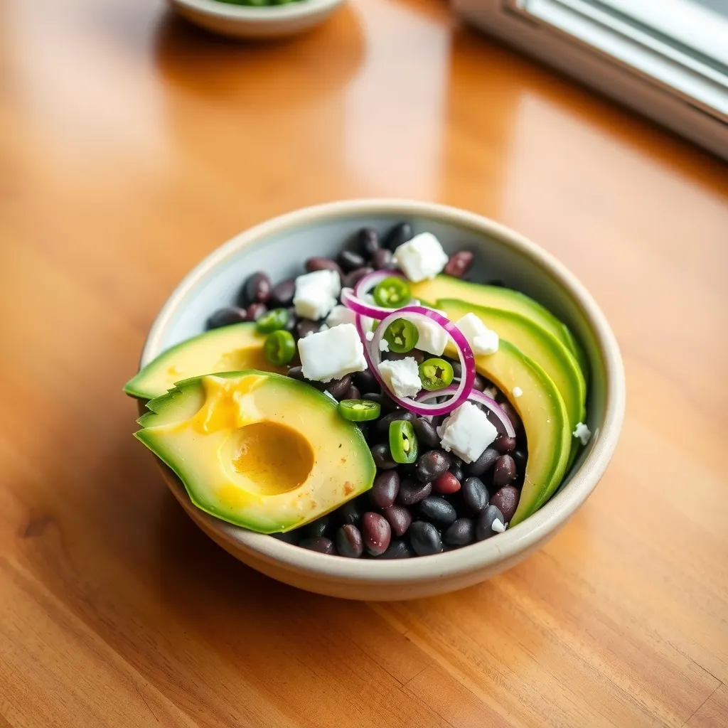 AI-generated illustration of Black Bean, Avocado and Cotija Bowl